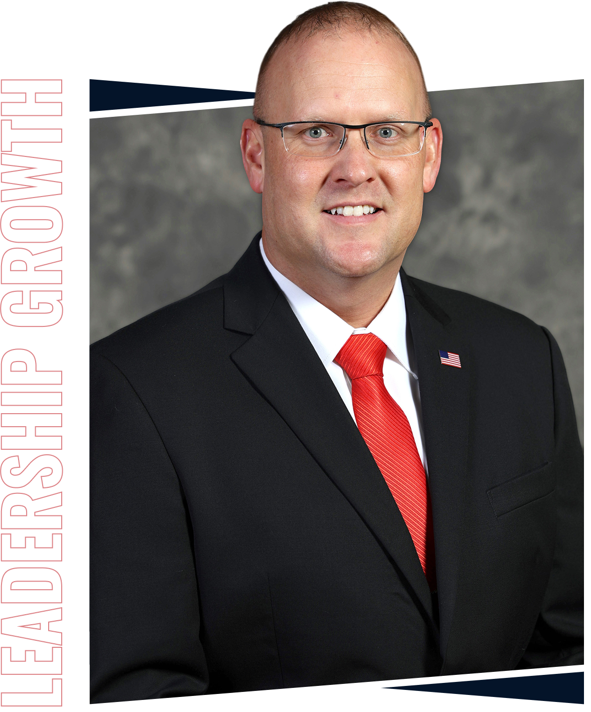 Man in suit with "Leadership Growth" text.